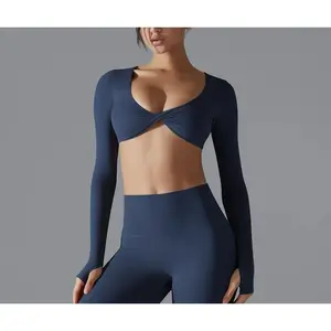 Sexy Cross Long Sleeve Sports Bra Push Up Yoga Crop Top Women Fitness Gym Workout Tops Women Brassiere Sport Female Clothing