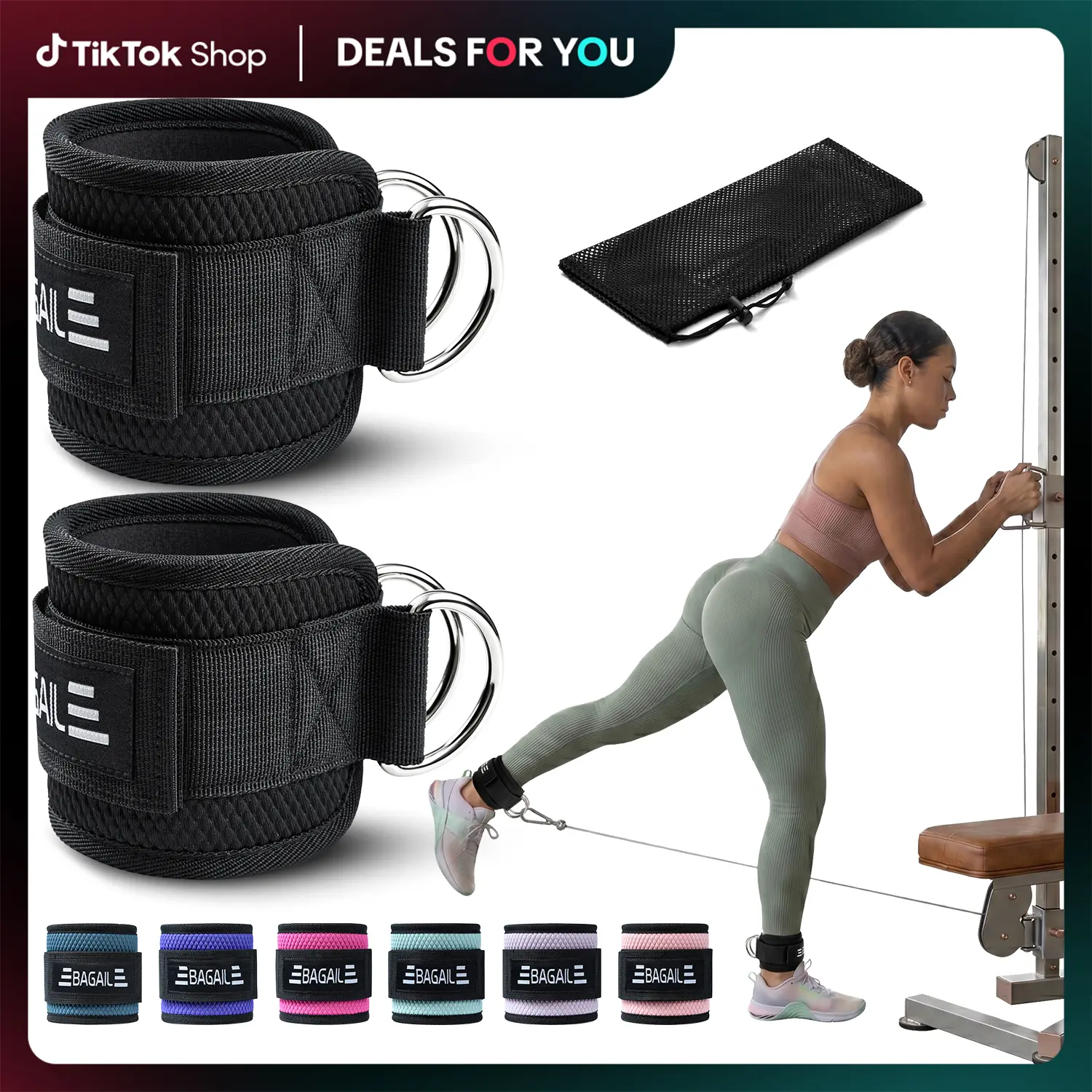 【Summer Wins】BAGAIL Ankle Straps for Cable Machines (2 Pack), Women Kick Back Cuffs | 8mm Lycra-SBR Cushion, Heavy-Duty Double D-Ring, 200lbs Load Tested, Adjustable 9-14" Fit, for Women Glute Kickbacks, w/ Bag