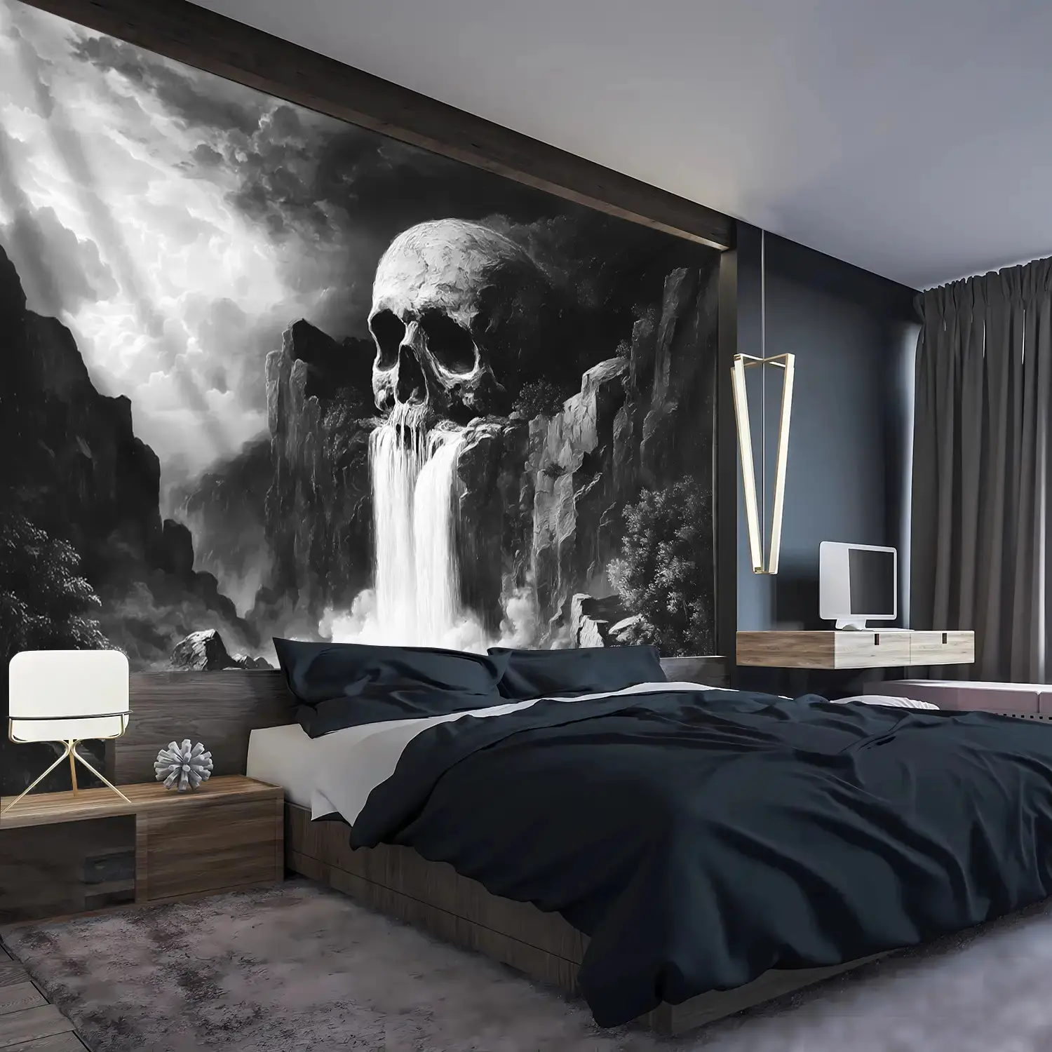 1pc Ultra-Large Abstract Skull Waterfall Landscape Digital Printing Tapestry - Wrinkle-Resistant Durable High Color Fastness Polyester, High-Definition Aesthetic Indoor Wall Decor for Living Room Bedroom with Free Hanging Clips