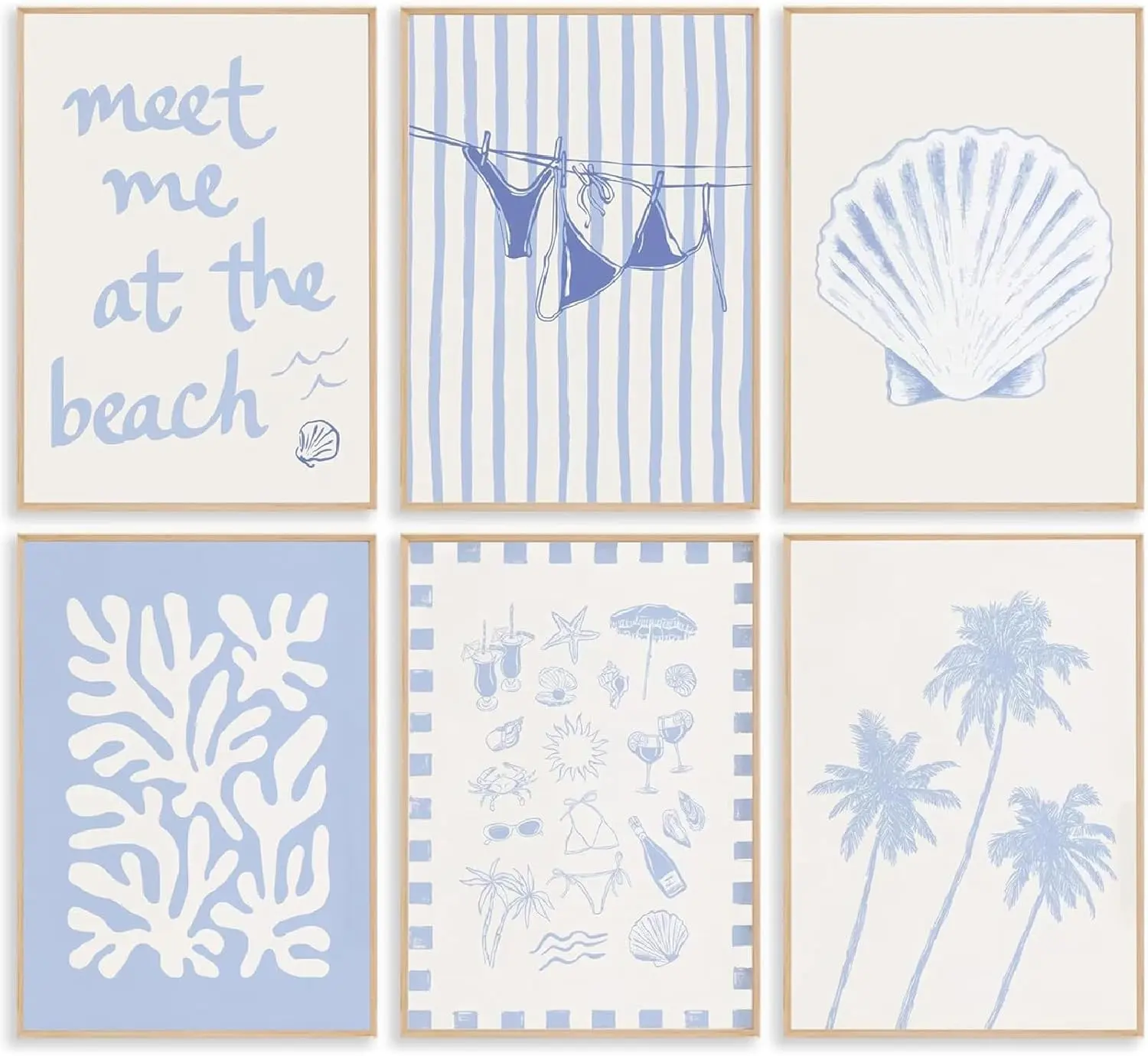 DIY 5D Diamond Art 6Pcs Light Blue Coastal Beach Theme Palm Tree Shell Coral Summer Simple Canvas Diamond Painting Wall Art Decor