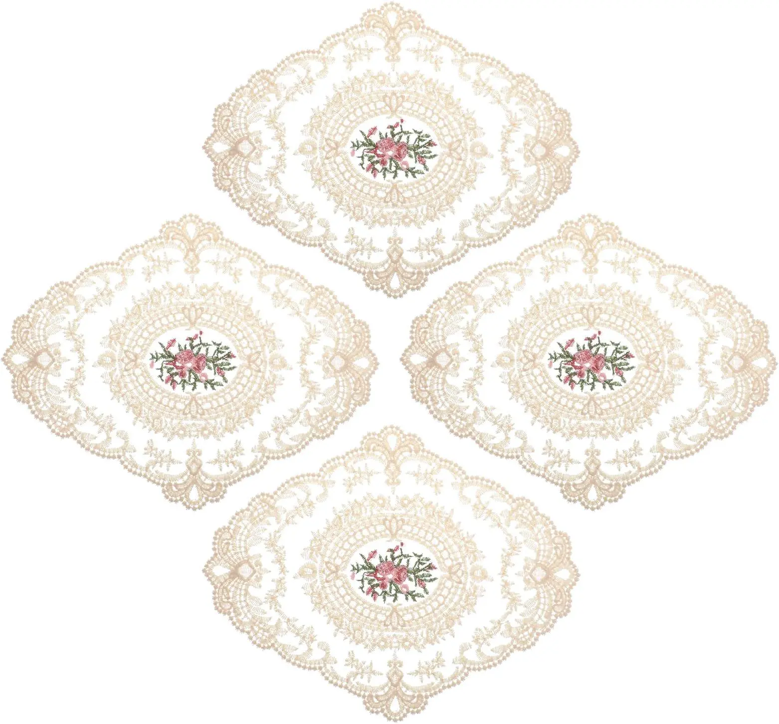 2Pack Retro Lace Placemat 12x16-in Oval Embroidered Table Place Mats French Crochet Doilies Coasters Cup Mat for Home Wedding, Dark Beige