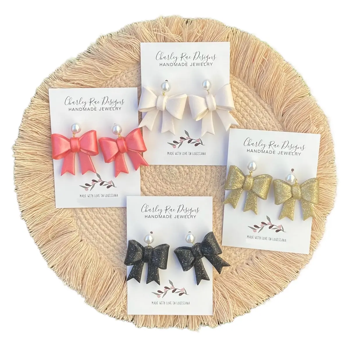 Handmade Bow Dangle Polymer Clay Earrings