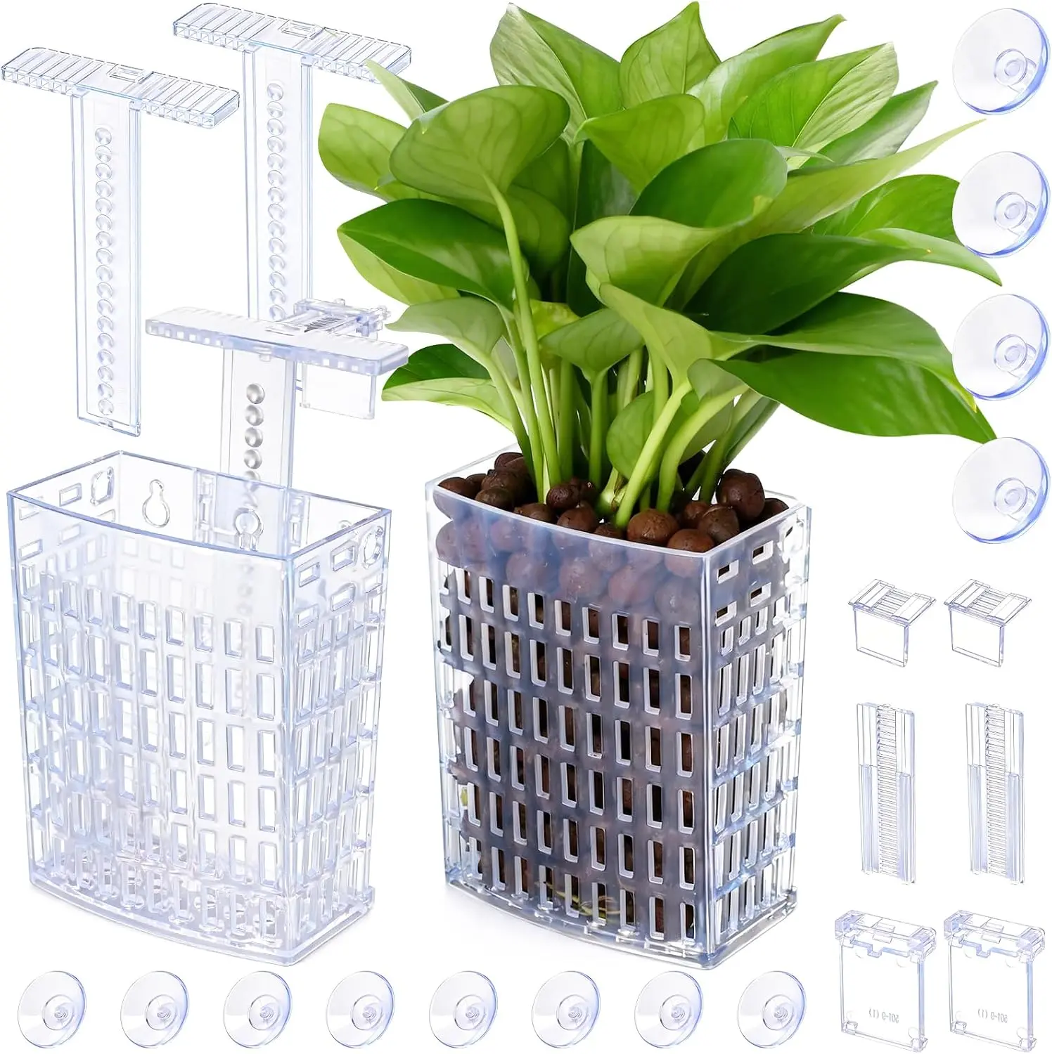 2-Pack Transparent Plastic Aquarium Plant Holder, Adjustable Height with Extendable Hook & Suction Cups, Fish Tank Aquascaping Decor for Aquaponic Plant Cultivation, Includes Suction Cups