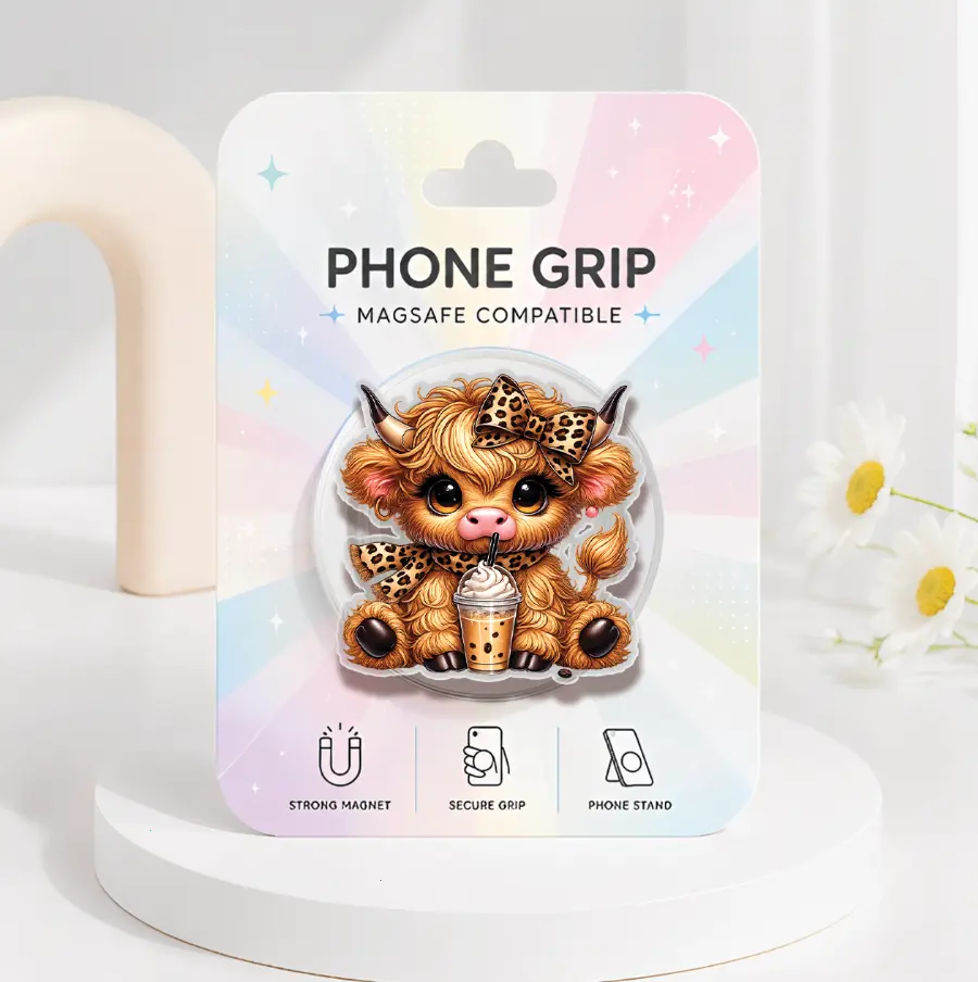 Coffee Highland Cow MagSafe Phone Grip, Coffee Lover Acrylic Phone Holder, Farm Animal Phone Accessories, Cute Coffee Cow Kindle Holder, Gift For Coffee Lovers