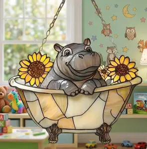Custom Hippo Bathtub Suncatcher, Stained Acrylic Window Hanging Decor, Animal Art