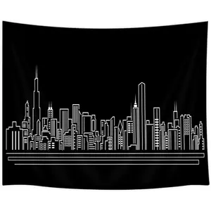Peach Linen Chicago Skyline Tapestry - Elegant Style Abstract American City Silhouette Wall Hanging, 71x60in Home Decor for Bedroom, TV Backdrop or Table Cloth