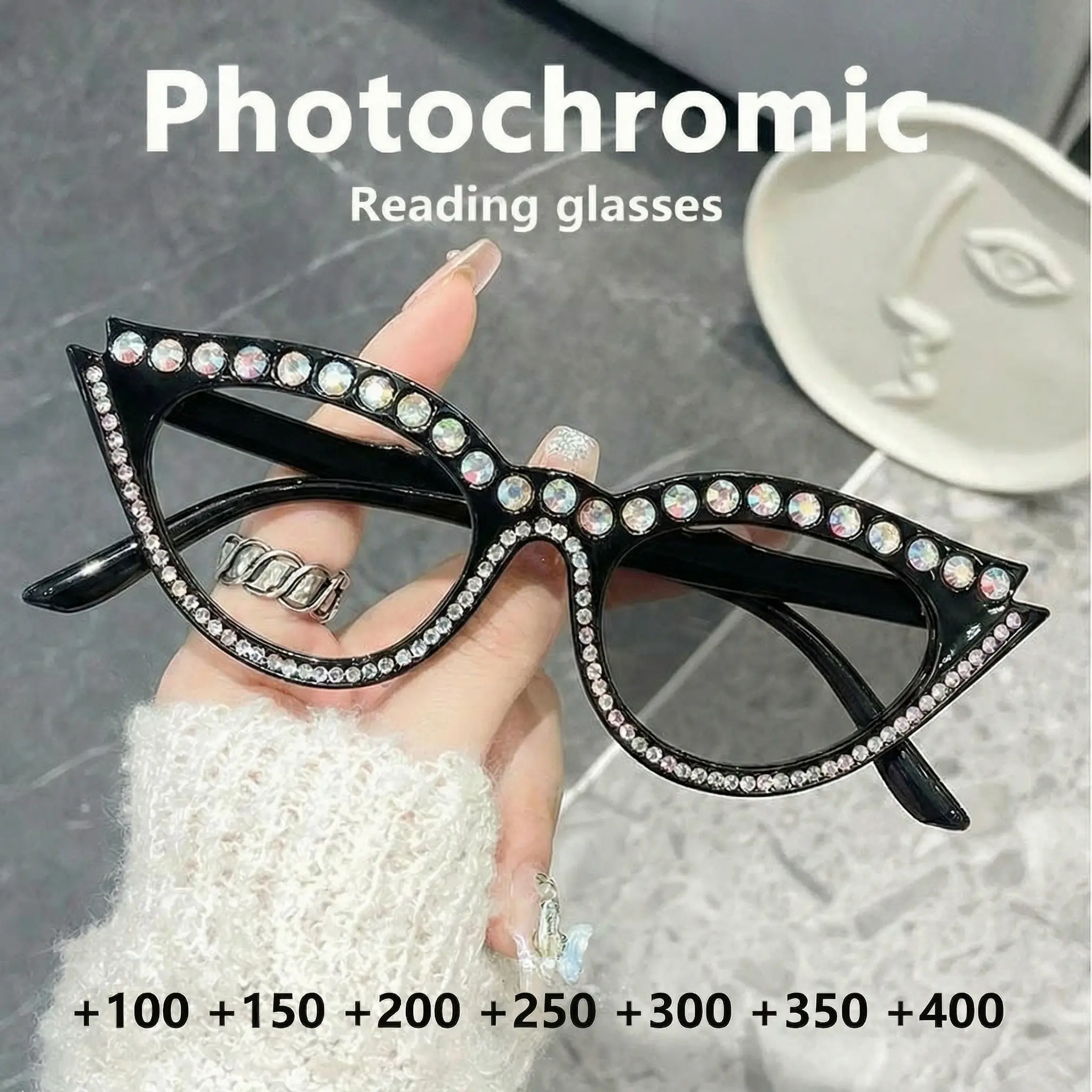 Women's Cat Eye Color Changing Reading Glasses, Anti-Blue Light Diamond Decor, Daily Use for Reading and Travel, Photochromic Glasses, Reading Eyeglasses