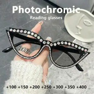 Women's Cat Eye Color Changing Reading Glasses, Anti-Blue Light Diamond Decor, Daily Use for Reading and Travel, Photochromic Glasses, Reading Eyeglasses