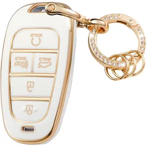 for Hyundai Key Fob Cover Soft TPU Protection Car Key Case Shell with Fashion Gold Bling Keychain Compatible with 2020-2023 Sonata Santa fe Tucson Keyless Entry Smart Key white