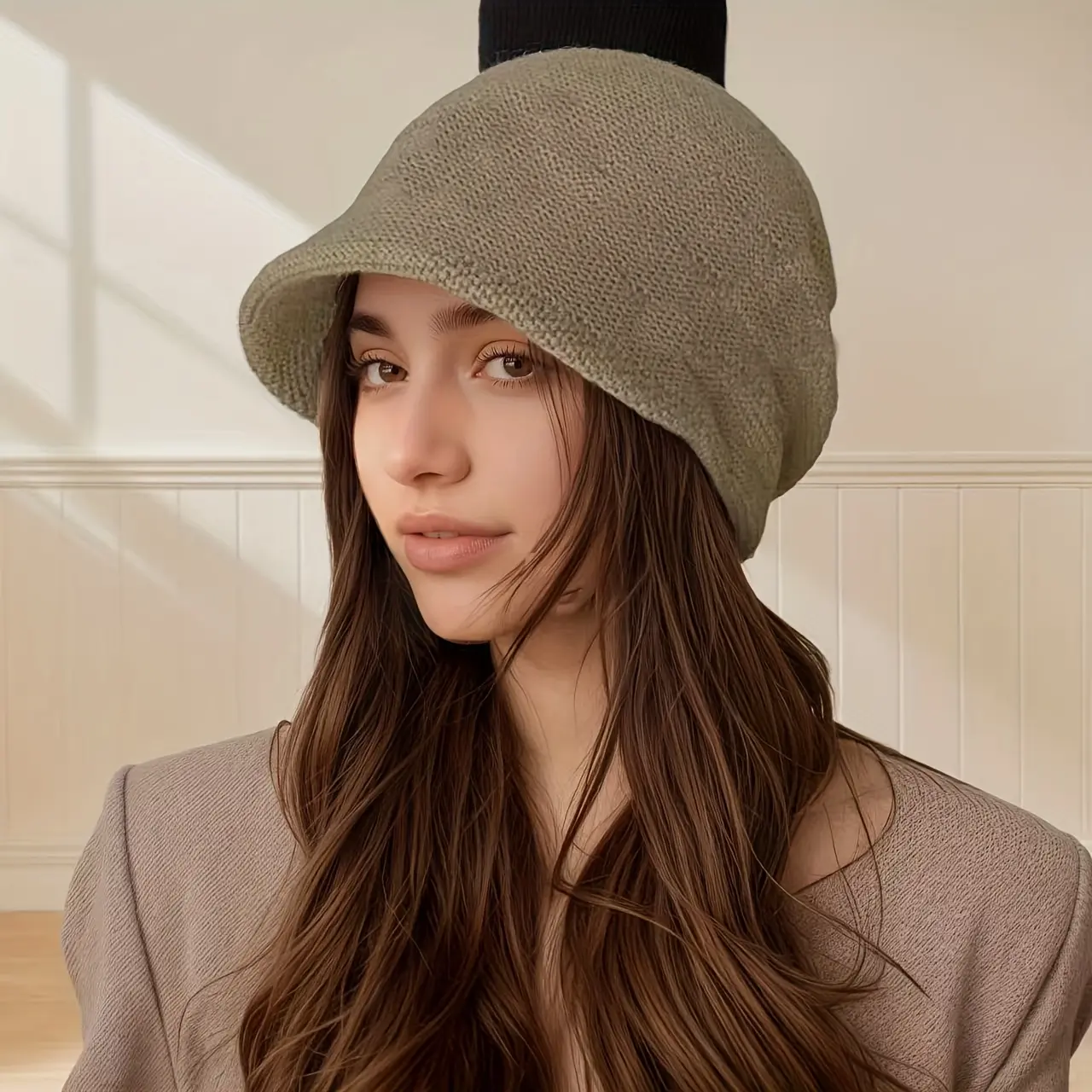 Women's Winter Hat with Adjustable Buckle - Wide Brim Slouchy Beanie for Large Head, Breathable Pure Color (Beige/ Brown/Dark Grey/Navy) - Face- Design, Hand Washable Cold Weather for Halloween & Everyday Use