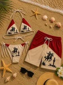 Sunset Marlboro Beach Set: Matching Cowboy Print Bikini & Men’s Shorts in Warm Beige Tones, Perfect for Summer Getaways, Beach Days, and Resort Style
