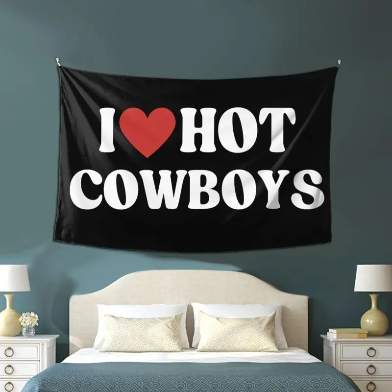Western Rodeo Themed Wall Art Tapestry 'I Love Spicy Cowboys' - Black Design with Red Hearts, Polyester Peach Skin Beige Fabric, Horizontal Hanging Decor for Living Rooms, Room Decor, Decor Accessories