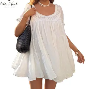 Baby Doll Mini Dress for Women Summer Solid Color Loose Bubble Short Sleeve Scoop Neck Dress