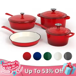 [Mother's Day Gift] KITCHEN ACADEMY Enamel Cast Iron 7 Piece Cookware Set, Dutch Oven Pot with Lid, Red Non Stick Pots and Pans set, Oven Safe up to 500°F Cooking Modern