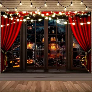 Halloween Themed Window Scene Background Decoration, 1 Count Cemetery Horror Castle Cemetery Pumpkin Lantern Party Decoration Background, Photography Studio Prop, Ornaments