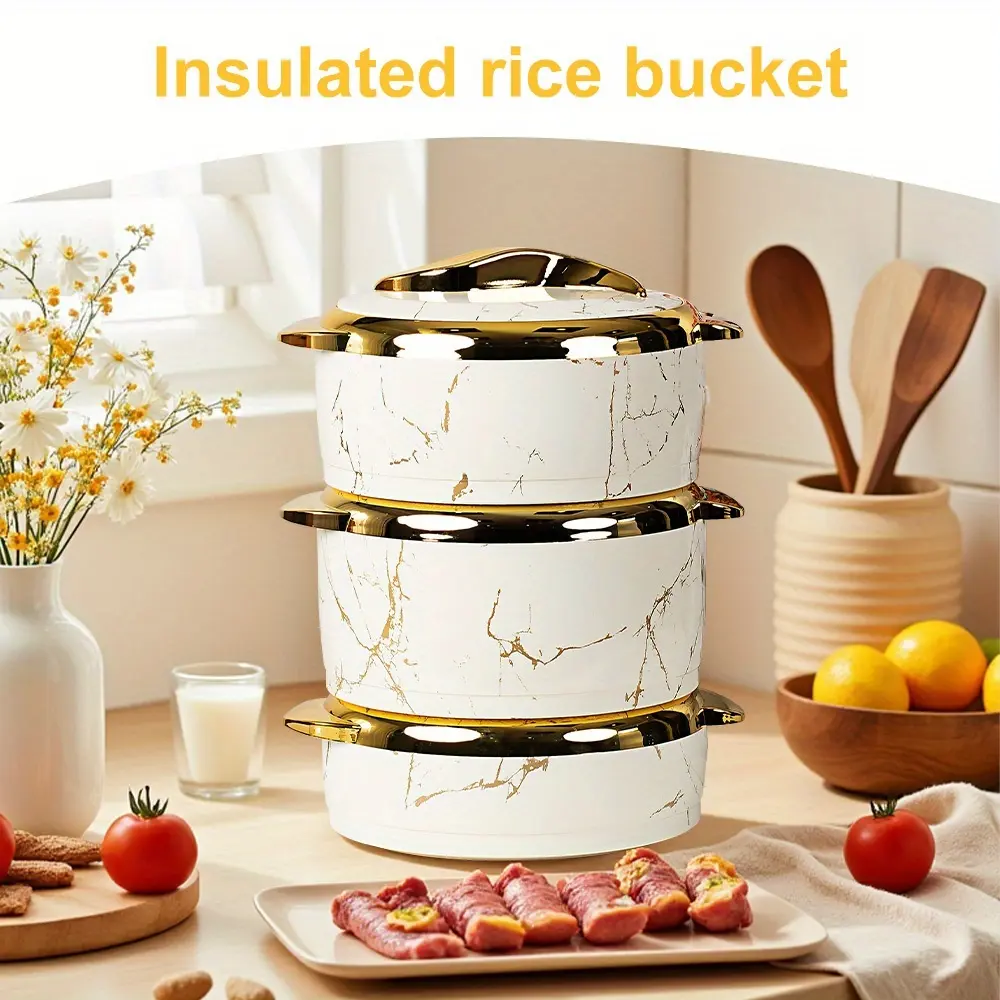 3pcs Luxury Thermal Casserole Baking Dish Set with Lids - Stainless Steel 2.6 Qt/2.1 Qt/1.6 Qt ABS Food Warmer, Leakproof Insulated Serving Bowls, Hot/Cold Retention for Hours, Marble White Bakeware for Buffets, Daily Use, Potlucks