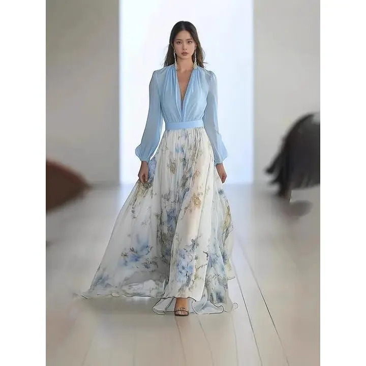 Charming 2026 European and American women's digital printed long-sleeved V-neck patchwork long dress, Classic, Office Chic, Comfy Cozy, Loungewear Style, Fall Layer, Evening Chic, Work Appropriate