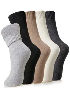 5 Pairs Women's Thick Warm Winter Socks, Extra Thick Fleece Lining, Calf High Crew Socks, Slim-Fitting, Elegant Style, Fall & Winter