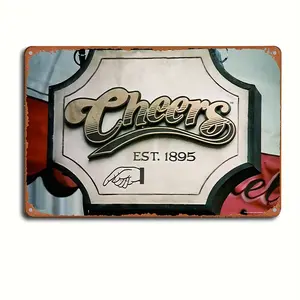 1-Count Retro Tin Cheers Metal Bar Sign - 8x12 in Large Lightweight Vintage Aluminium Wall Art Plaque, Distressed Art Deco Finish, Ideal Gift for Farmhouse Home Decor