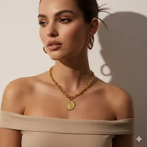 Limited Edition Twilight of Gods Heavyweight Rolo Chain & Angel Relief Medallion Gold Coin Pendant Necklace for Everyday Outfits Statement