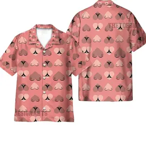 Cheeky Heart Hawaiian Shirt, Funny Naughty Retro Aloha Print, Playful Tropical Summer Outfit, Vacation Party Button Down Beach Shirt Menswear Top