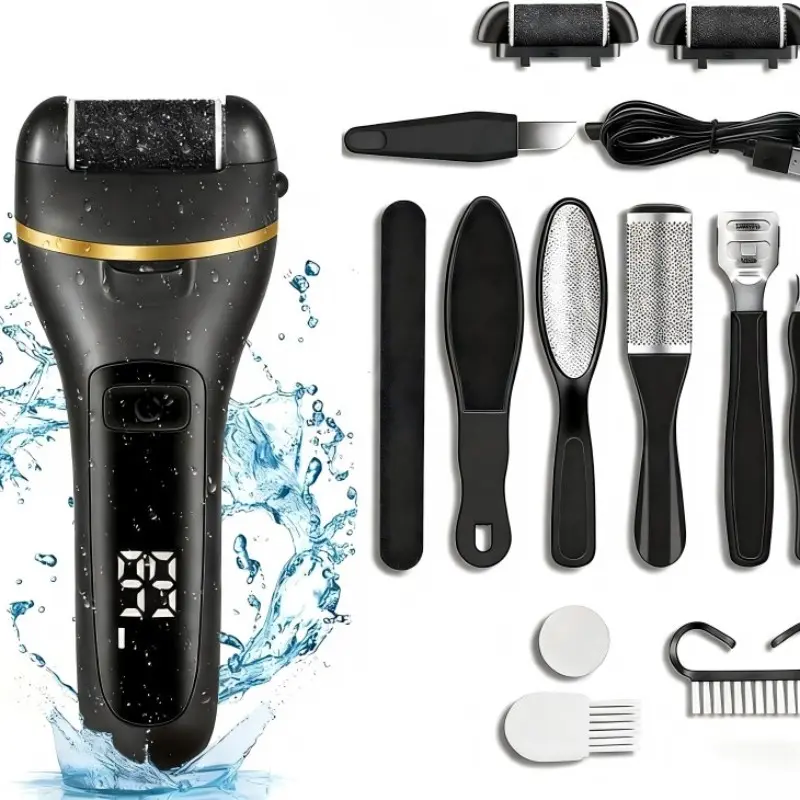 Electric Foot Exfoliator Kit, Rechargeable Pedicure Tool, Rechargeable Nail Care Tool, 3 Rollers, 2 Speeds, Battery Display, Removes Dry Heels, Calluses, Dead Skin