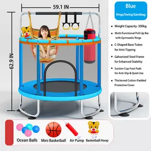 59.1" Trampoline for Kids with Safety Net, Indoor & Outdoor Toddler Trampoline with Swing, Adjustable Gym Bar & Basketball Hoop, Fun Toy & Active Play for Boys & Girls