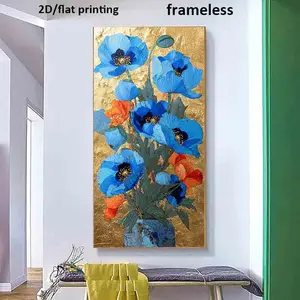 1 large blue poppy with golden leaves frameless modern canvas wall art - turquoise blue and gold abstract flower painting poster, suitable for living room, bedroom and office decoration - Navy blue/cobalt blue poppy with golden background