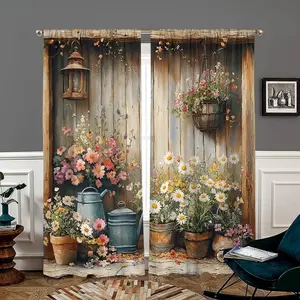 2 Pieces Rural Wooden Frame Printed Curtains, Window Drapes, Retro Teapot Design, Pole Pocket Style, Semi Sunshade, Easy Clean, Suitable for Living Room Bedroom Balcony Kitchen