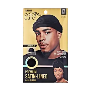 KISS Colors & Care Premium Satin-Lined Halo Turban & 2 Wave Cap, Black
