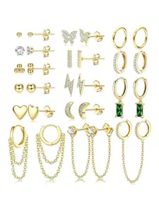 29Pcs Stainless Steel Gold Plated Studs Earrings and Hoops Set for Women Huggie Hoop Studs Earrings Set Dainty Minimalist Moon Heart Butterfly CZ Ball Small Dangle Chain Hoop for Multiple Piercing Ear Stack
