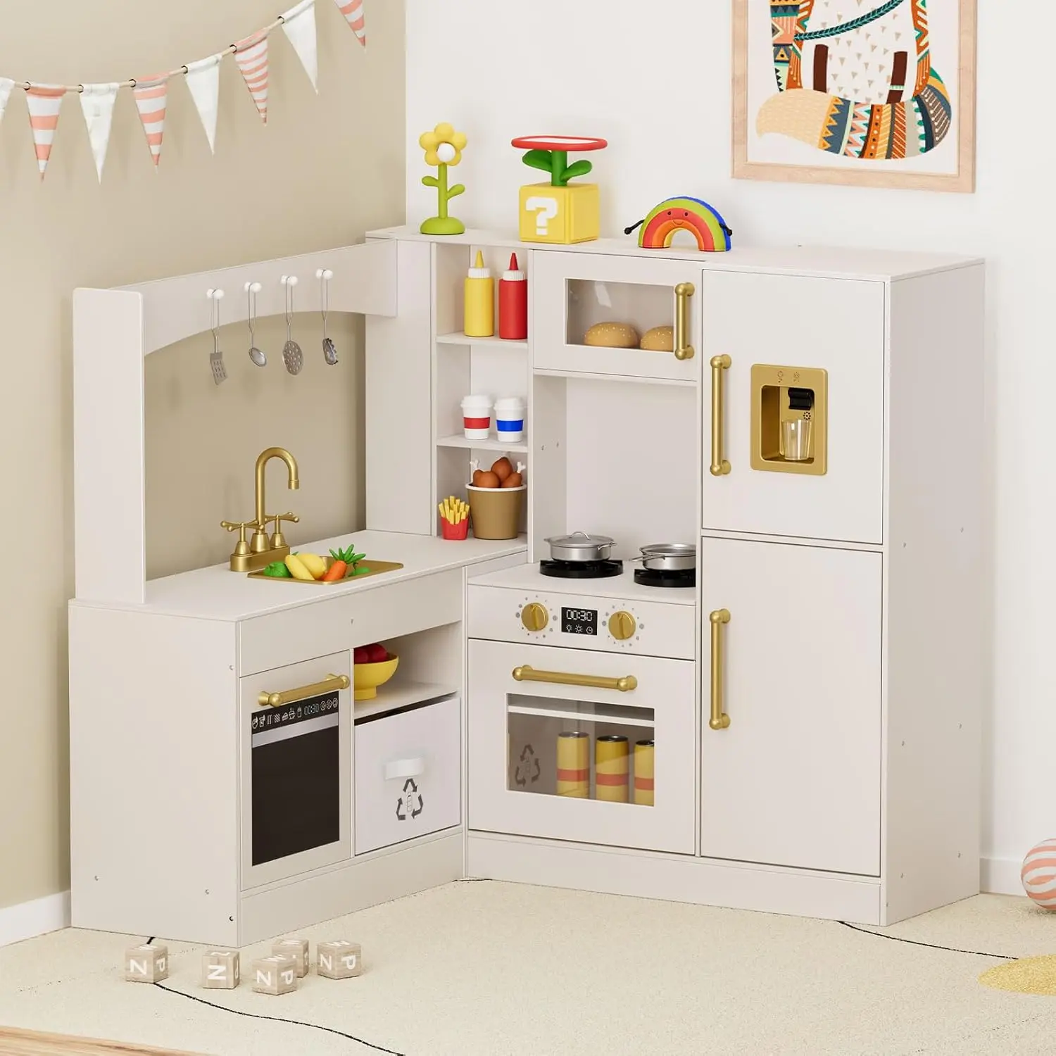 MAMIZO Corner Play Kitchen for Kids, Wooden Ultimate Pretend Toy Playset Kitchen, Large Toodler Cooking Playset w/Refrigerator, Stove with Light & Sound, Disinfection Locker, Water Dispenser, Sink, Home Modern Gift