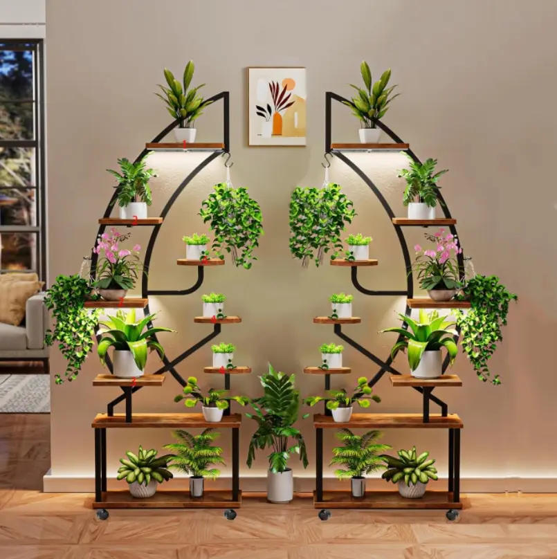 6-Tier Metal Plant Stand, 2 Pcs Half Moon Plant Display Shelf with Grow Lights for Indoor Multiple Plants, 58 Inch Tall Curved Flower Pot Plant Holder with Wheels for Living Room