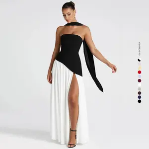2026 New Solid Color Strapless Maxi Dress, Sexy Backless High Slit Gown with Invisible Anti-Slip Strap#Summervibes