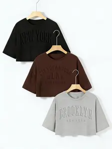 3 Pack Womens Oversized Half Sleeve Crop Tees 2026 Trendy Debossed Embossed City Graphic T Shirts Crew Neck Drop Shoulder Casual Tops Vintage Streetwear for Summer Daily Going Out Soft Comfy Multiple Colors Available