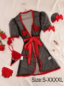 Elegant Women's Sleepwear Pajama Loungewear Set 2-Piece, Mesh Breathable Short Sleeve Bow Lace Trim, Inner Lace Panties, Perfect Gift for Holidays