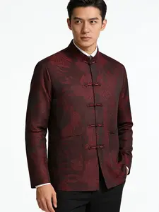 Luxurious Oriental Stand Collar Shirt, Chinese Style Wine Landscape Embossed Jacquard, Men's Formal Tang Suit Outerwear, Traditional Clothing, Menswear