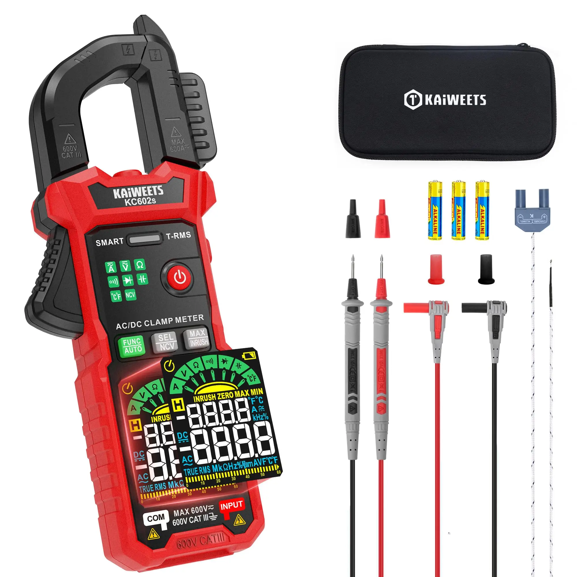 KAIWEETS Clamp Meter Multimeter 6000 Count Auto Amp Clamp Meter,AI Smart Mode, True-RMS Voltmeter Voltage Tester, Auto Ranging AC/DC Voltage & AC Current, Non-Contact Voltage Testing, Temperature Continuity Resistance Diode Measurement with Storage Bag