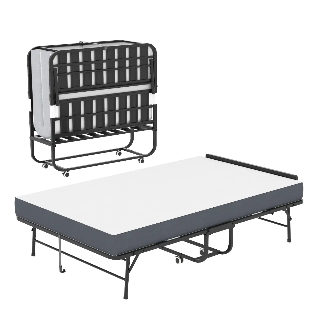 75"x46" Wide Folding Bed with Adjustable Headboard, Extra Long Rollaway Bed for Tall People, 5" Memory Foam Mattress, Heavy-Duty Guest Bed on Wheels, Spacious Twin Cot