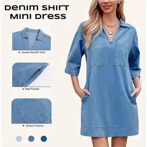 Womens Denim Shirt Dress Summer Collared V Neck Mini Casual Jean Dresses with Pockets