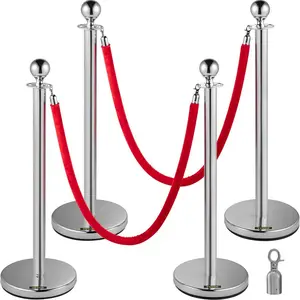 VEVOR 4PCS Stainless Steel Stanchion Posts Queue, Red Velvet Ropes Silver Post, 5FT Rope Barriers Queue Line Crowd Control Barriers for Party Supplies
