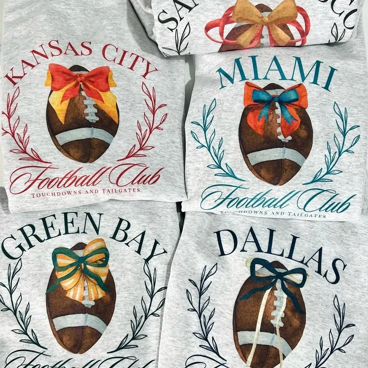 Women's Coquette Football Theme Cotton Printed Casual Sweatshirt, Girly Bow Accent, Unisex Hometown City Team Tops Pullover