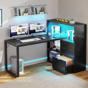 Yitahome L Shaped Desk with Power Outlets & LED Lights & File Cabinet, 55" Corner Computer Desk with 3 Drawers & 3 Storage Shelves, Home Office Desk with Bookshelf