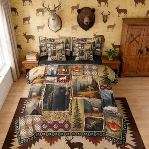 Hunting and Fishing 7 Pcs Bedding Set,Rustic Bear Deer Cabin Plaid Comforter Bed Set with Sheets,Vintage Southwestern Farmhouse Bed Bag,Boho Aztec Bed Set