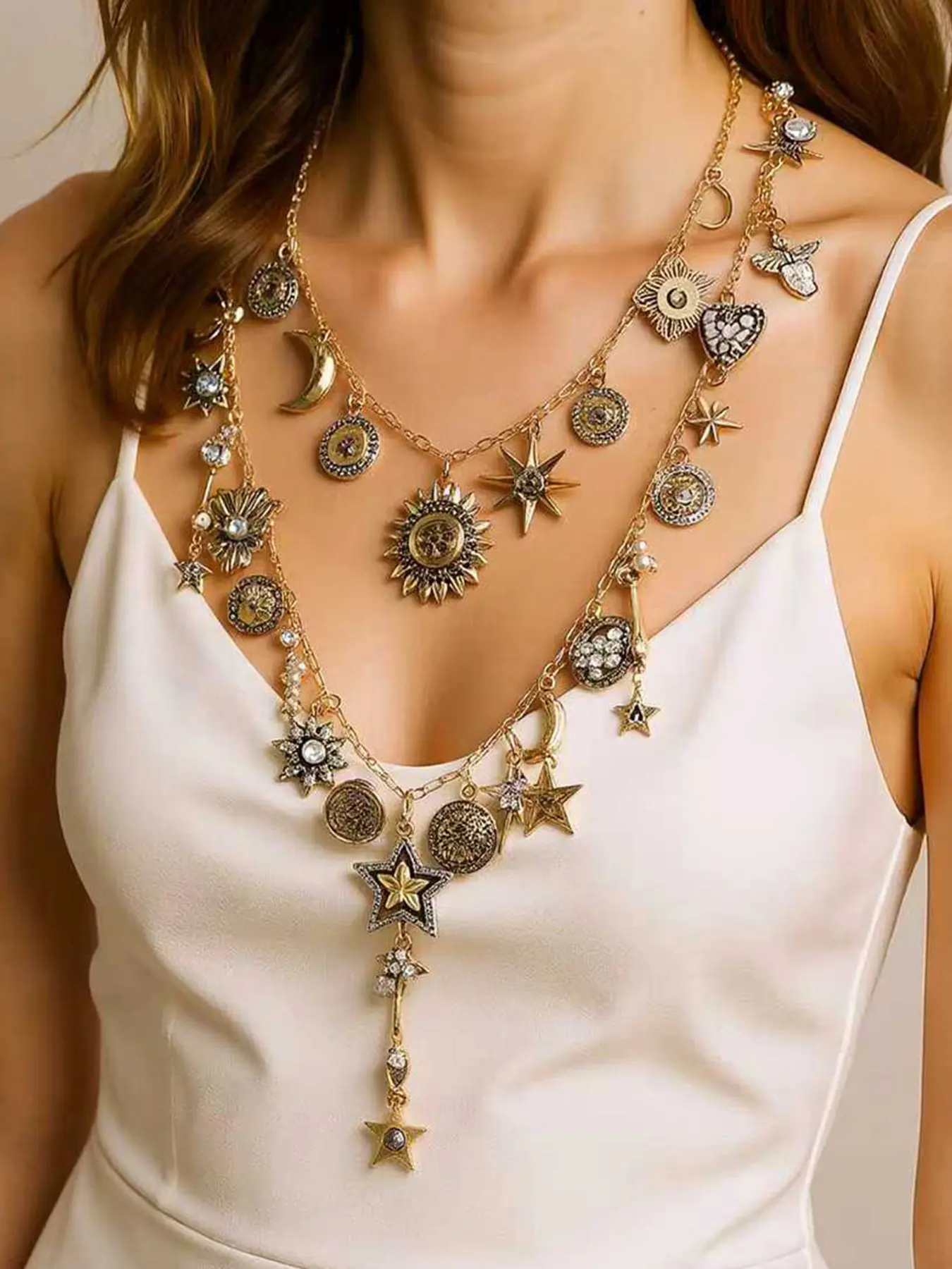 Vintage Style Sun Moon Star Pearl Pendant Necklace Set, 2 Piece Alloy Jewelry Series, Artificial Pearls, Punk Style, All Seasons, Faux Pearl Jewelry, Dangling Pearl Necklace, Necklets