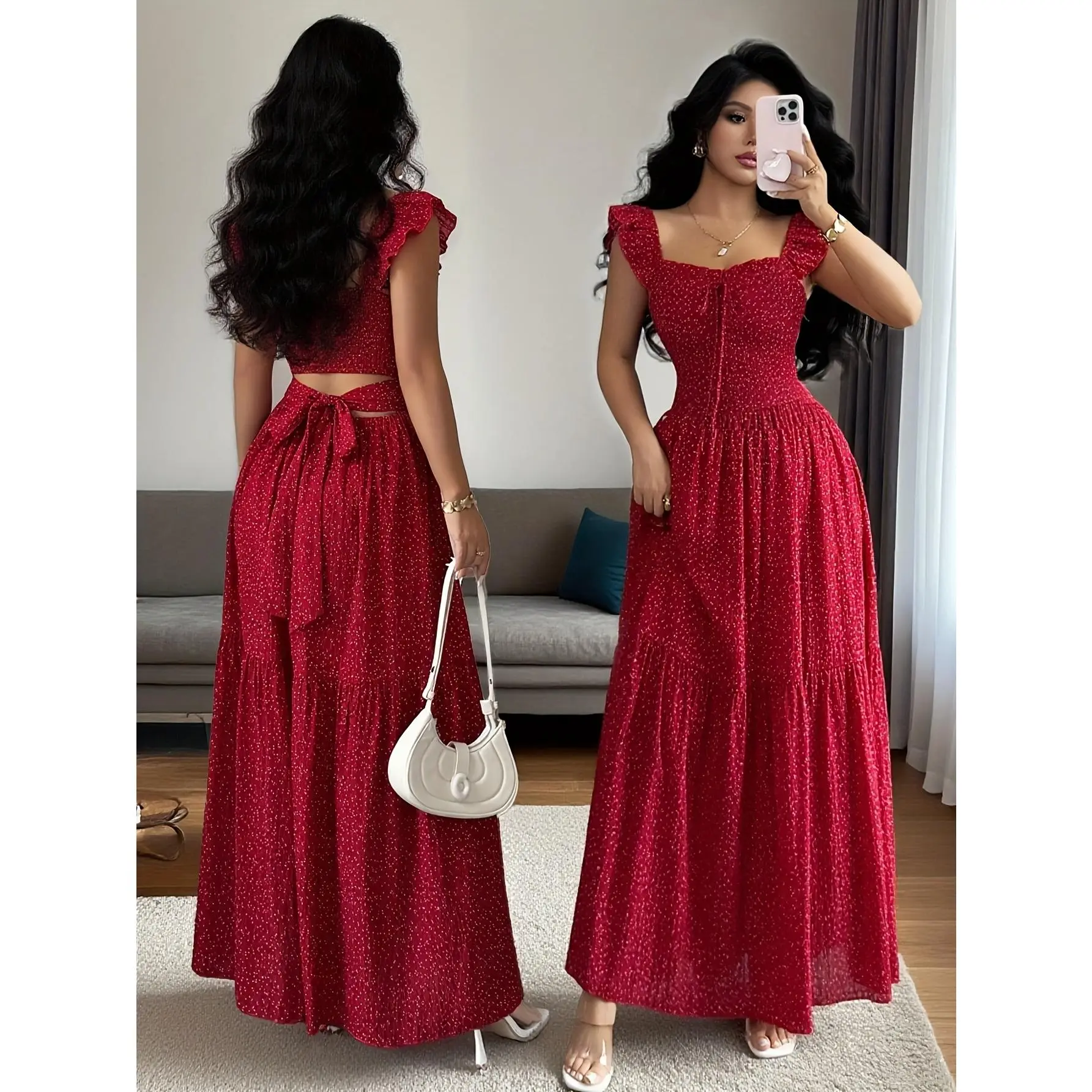Women Red Chiffon Polka Dot Maxi Dress Square Neck Tie Back Pleated Elegant Summer Vacation Dress - TikTok Shop Women Red Chiffon Polka Dot Maxi Dress Square Neck Tie Back Pleated Elegant Summer Vacation Dress - TikTok Shop