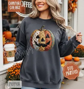 Patchwork Pumpkin Comfort Colors Sweatshirt, Trendy Women's Fall Crewneck