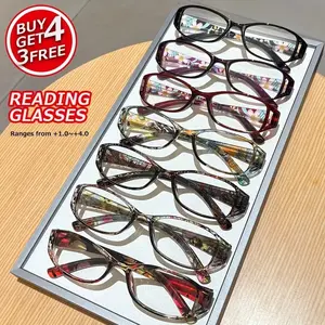 7PCS Women's Fashion Vintage Square Pattern Reading Glasses, +1.0 to +4.0 Strength, Lightweight Durable PC Material, Daily Computer Office Book Use, Reading Eyeglasses