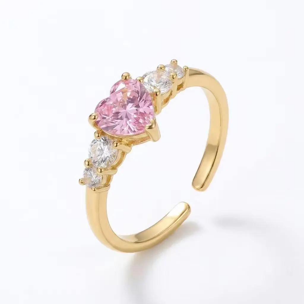 #JY Pink Heart CZ Ring  Gold Plated Adjustable Open Ring, Sparkle Crystal Solitaire Promise Ring, Dainty Romantic Jewelry Gift