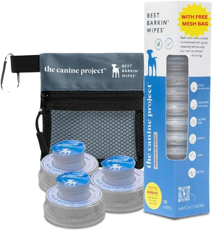 The Canine Project Best BARKIN' Wipes with Free Mesh Bag - Dog Wipes for Paws Ears and Butt - Micellar Aloe Scented Travel Friendly Puppy Wipes (12,24,100-Pack)